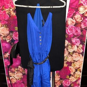 Forever 21 women mid length dress , blue with gold buttons, black belt